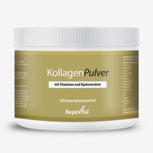 Weiße Dose mit goldenem Etikett des KollagenPulver von RepaVital – Nahrungsergänzungsmittel mit Vitaminen und Hyaluronsäure für Haut, Haare und Nägel.