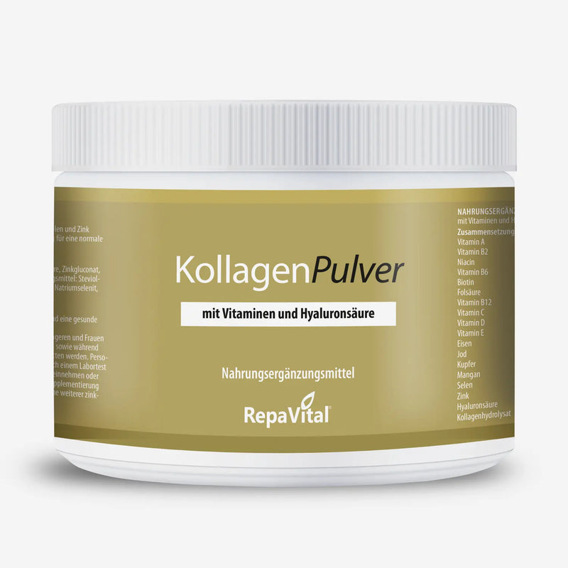 Weiße Dose mit goldenem Etikett des KollagenPulver von RepaVital – Nahrungsergänzungsmittel mit Vitaminen und Hyaluronsäure für Haut, Haare und Nägel.