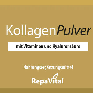Etikett des RepaVital KollagenPulvers mit vollständiger Nährstofftabelle, Inhaltsstoffen, Verzehrempfehlung und wichtigen Hinweisen auf goldfarbenem Hintergrund.