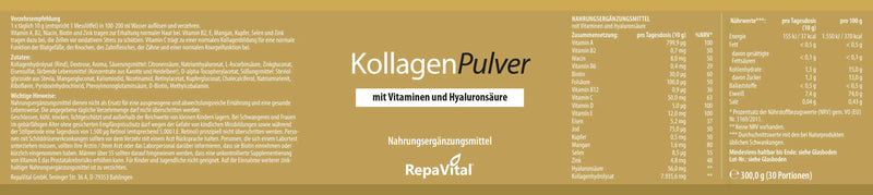 Etikett des RepaVital KollagenPulvers mit vollständiger Nährstofftabelle, Inhaltsstoffen, Verzehrempfehlung und wichtigen Hinweisen auf goldfarbenem Hintergrund.