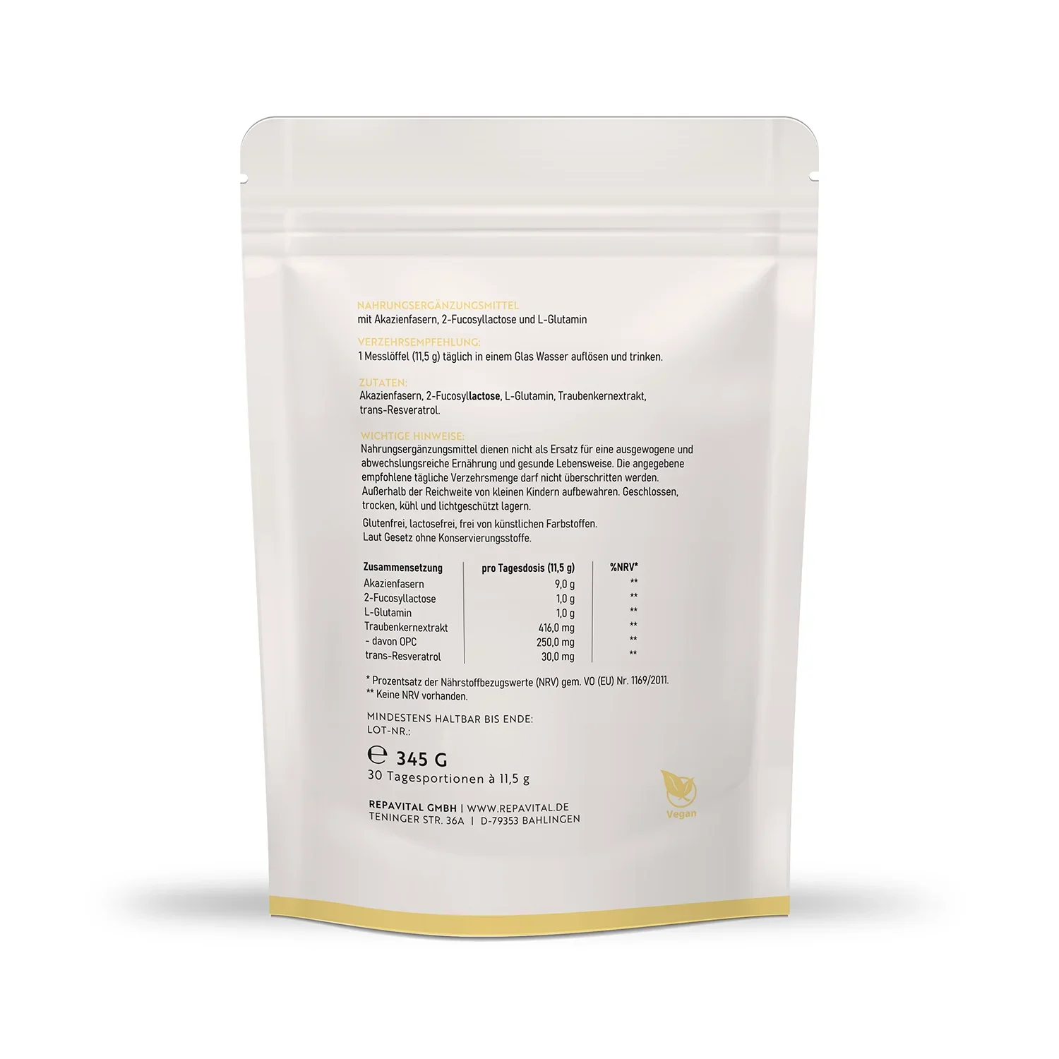 Rückseite des RepaVital KoloBios Standbeutels mit Zutatenliste, Verzehrempfehlung, Nährwertangaben und 345 g Inhalt (30 Portionen).