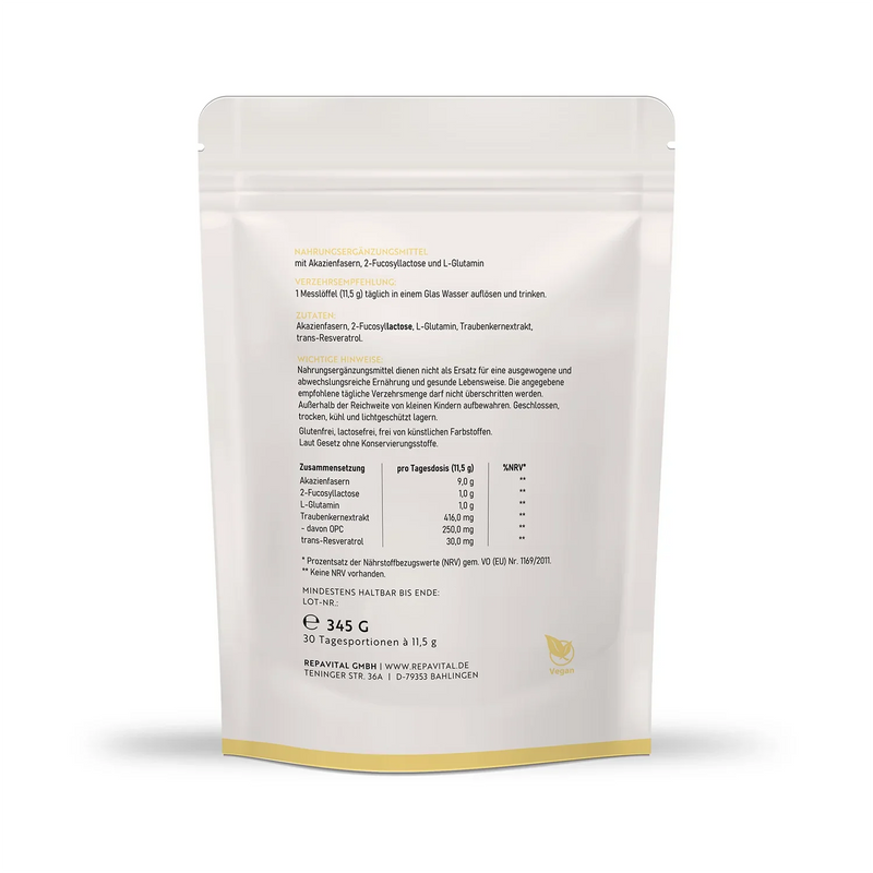 Rückseite des RepaVital KoloBios Standbeutels mit Zutatenliste, Verzehrempfehlung, Nährwertangaben und 345 g Inhalt (30 Portionen).