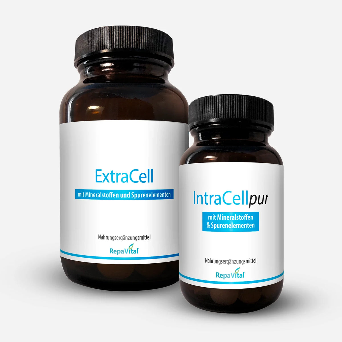Produktabbildung von ExtraCell und IntraCell pur von RepaVital, zwei Nahrungsergänzungsmittel mit Mineralstoffen und Spurenelementen