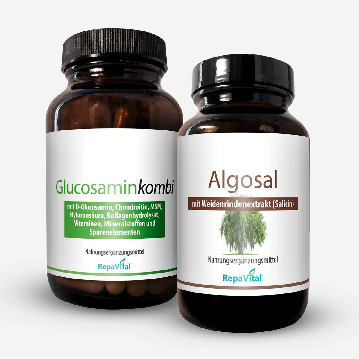 Zwei Nahrungsergänzungsmittel von RepaVital für Gelenke: Glucosaminkombi mit Vitaminen und Mineralstoffen sowie Algosal mit Weidenrindenextrakt – ideale Kombination zur Unterstützung der Gelenkfunktion