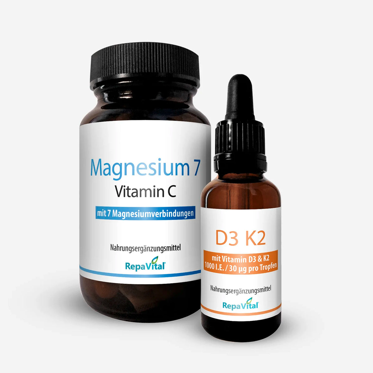 Produktabbildung: RepaVital Magnesium 7 Vitamin C Kapseln kombiniert mit D3 K2 Tropfen im Glas