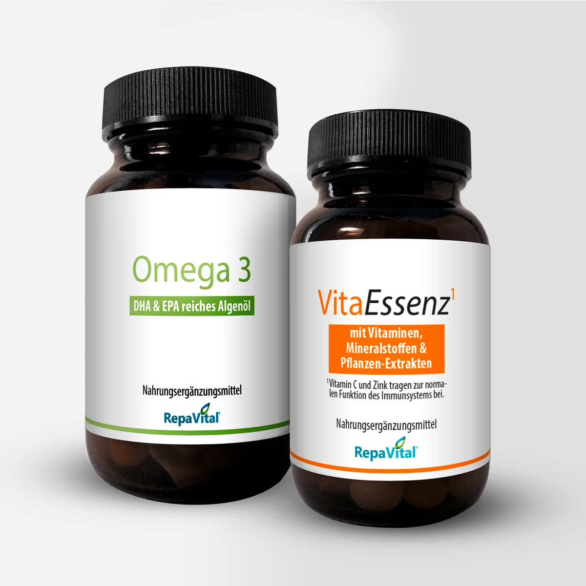 Produktabbildung: Omega 3 DHA & EPA reiches Algenöl und VitaEssenz Nahrungsergänzungsmittel von RepaVital im Set