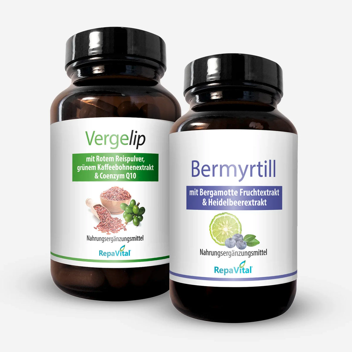 Kombiprodukt Vergelip und Bermyrtill von RepaVital, zwei braune Glasflaschen mit Kapseln, Nahrungsergänzungsmittel