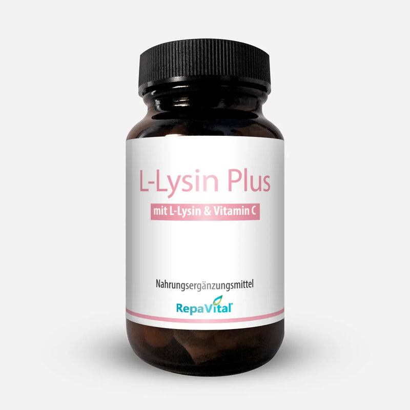 Braune Glasflasche mit weißem Etikett und der Aufschrift „L-Lysin Plus mit L-Lysin & Vitamin C“, ein Nahrungsergänzungsmittel von RepaVital.