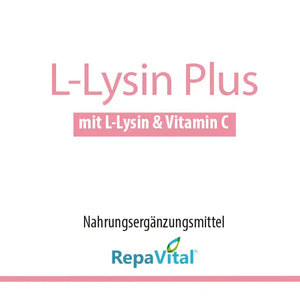 Verpackungsetikett des Produkts „L-Lysin Plus mit L-Lysin & Vitamin C“ von RepaVital. Informationen zu Einnahme, Zutaten, Nährwerten und Zusammensetzung auf weißem Hintergrund mit pinken Akzenten.