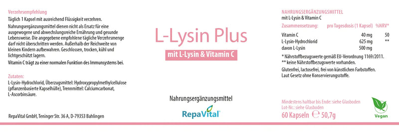 Verpackungsetikett des Produkts „L-Lysin Plus mit L-Lysin & Vitamin C“ von RepaVital. Informationen zu Einnahme, Zutaten, Nährwerten und Zusammensetzung auf weißem Hintergrund mit pinken Akzenten.