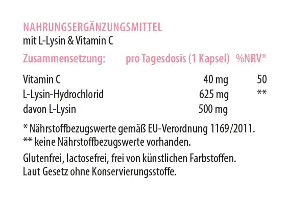 Zusammensetzung von Repavital L-Lysin mit Vitamin C: Nährstofftabelle pro Tagesdosis mit Vitamin C und L-Lysin.