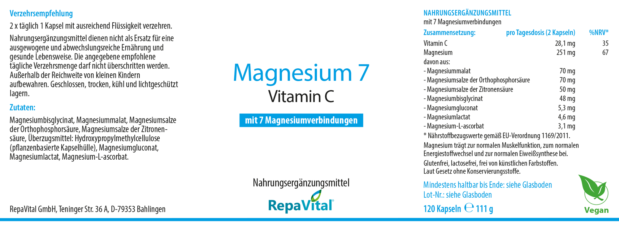 Magnesium 7 und Vitamin C  120 Kapseln