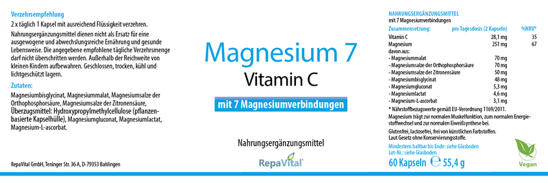 Etikett des Nahrungsergänzungsmittels „Magnesium 7 mit Vitamin C“ von RepaVital, mit Angaben zu Einnahme, Zutaten, Zusammensetzung und Nährwerten; enthält sieben verschiedene Magnesiumverbindungen und ist vegan.