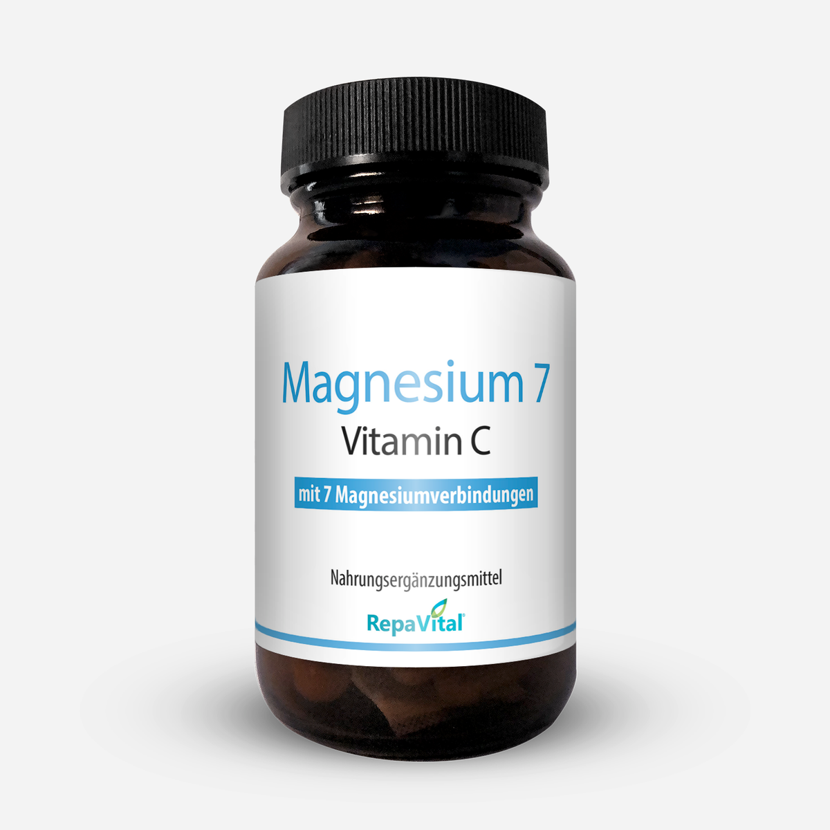 Braunglasflasche mit weißem Etikett des Nahrungsergänzungsmittels „Magnesium 7 mit Vitamin C“ von RepaVital, mit Hinweis auf 7 Magnesiumverbindungen.