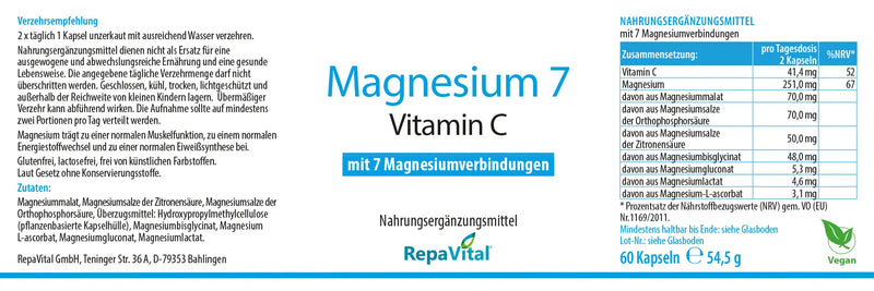 Etikett Magnesium7 mit Vitamin C und 7 Magnesiumverbindungen