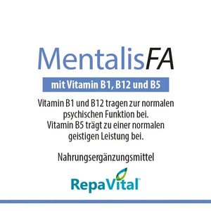Etikett des Nahrungsergänzungsmittels MentalisFA von RepaVital mit Vitamin B1, B12 und B5 sowie Nährwertangaben