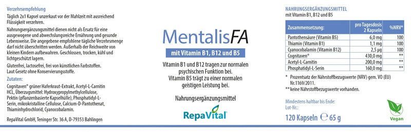 Etikett des Nahrungsergänzungsmittels MentalisFA von RepaVital mit Vitamin B1, B12 und B5 sowie Nährwertangaben