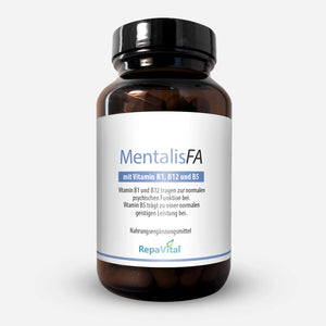 Braunglasflasche MentalisFA von RepaVital, Nahrungsergänzungsmittel mit Vitamin B1, B12 und B5, Vorderansicht des Produkts