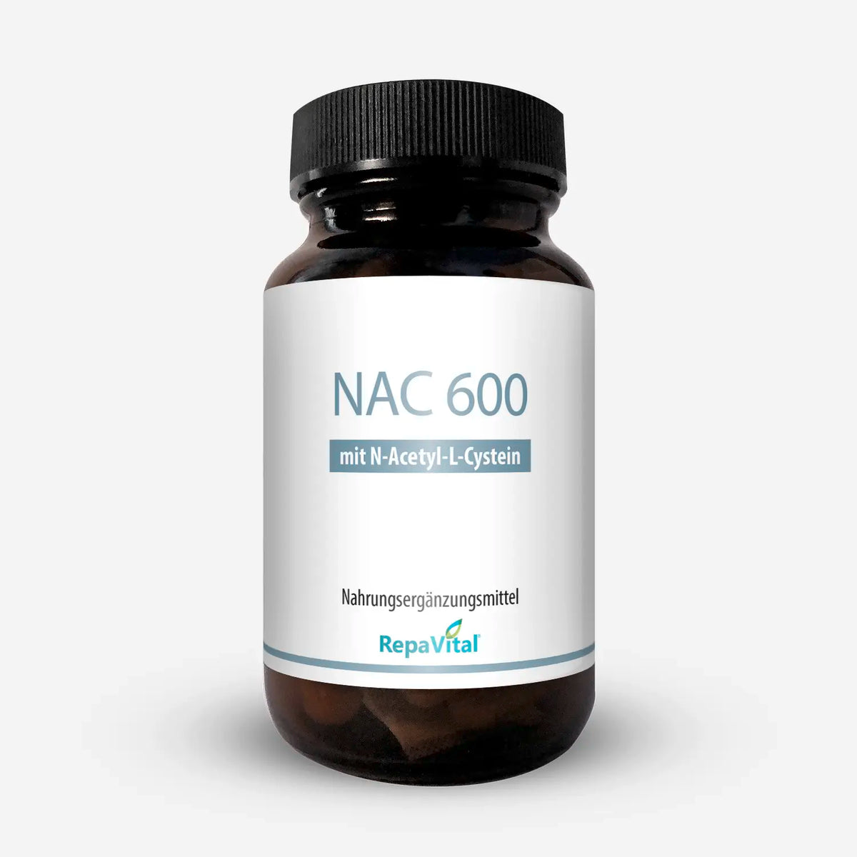 Braune Dose des Nahrungsergänzungsmittels NAC 600 von RepaVital mit 60 veganen Kapseln. Enthält hochdosiertes N-Acetyl-L-Cystein, ideal zur Ergänzung einer bewussten Lebensweise.