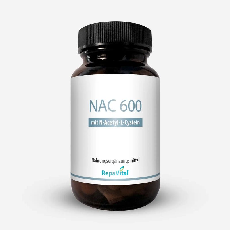 Braune Dose des Nahrungsergänzungsmittels NAC 600 von RepaVital mit 60 veganen Kapseln. Enthält hochdosiertes N-Acetyl-L-Cystein, ideal zur Ergänzung einer bewussten Lebensweise.