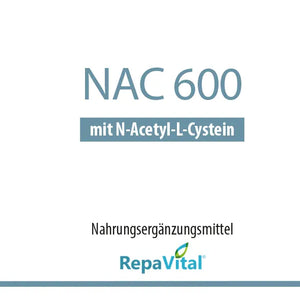 Etikett des Nahrungsergänzungsmittels NAC 600 von RepaVital mit N-Acetyl-L-Cystein und Angaben zu Zusammensetzung