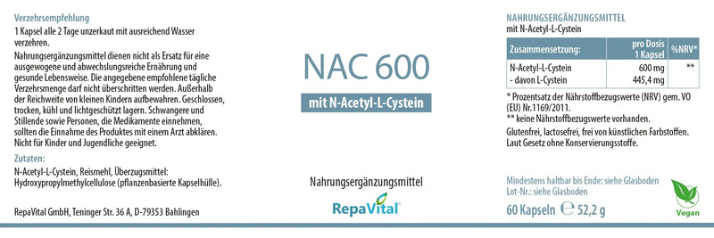 Etikett des Nahrungsergänzungsmittels NAC 600 von RepaVital mit N-Acetyl-L-Cystein und Angaben zu Zusammensetzung