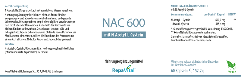 Detailansicht des Etiketts vom Nahrungsergänzungsmittel NAC 600 von RepaVital mit 600 mg N-Acetyl-L-Cystein pro Kapsel. Vegan, ohne Konservierungsstoffe, mit Einnahmehinweisen und Inhaltsstoffen.