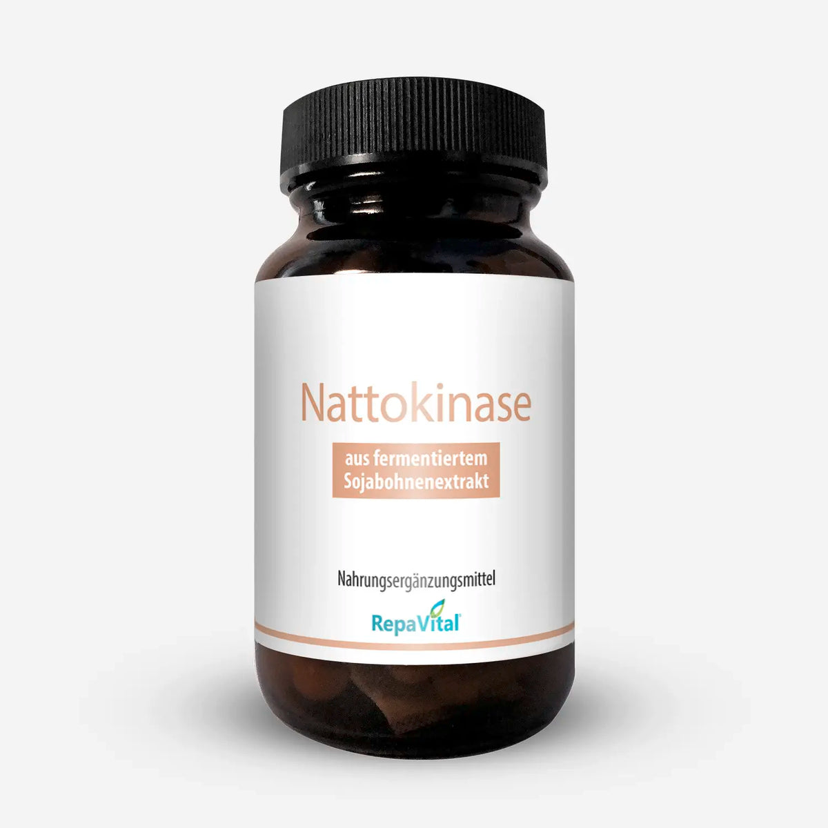 RepaVital Nattokinase – veganes Nahrungsergänzungsmittel mit 2000 FU aus fermentiertem Sojabohnenextrakt in braunem Glasbehälter, ideal zur Unterstützung eines ausgewogenen Lebensstils.