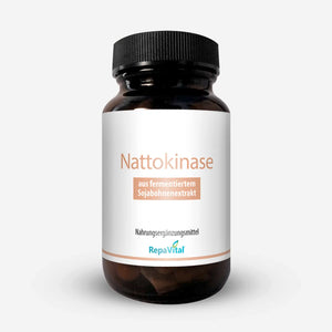 RepaVital Nattokinase – veganes Nahrungsergänzungsmittel mit 2000 FU aus fermentiertem Sojabohnenextrakt in braunem Glasbehälter, ideal zur Unterstützung eines ausgewogenen Lebensstils.