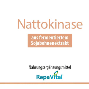 Etikett des Nahrungsergänzungsmittels RepaVital Nattokinase mit fermentiertem Sojabohnenextrakt, vegan, ohne künstliche Zusatzstoffe, 2000 FU pro Kapsel – hochwertige Formel zur täglichen Einnahme.