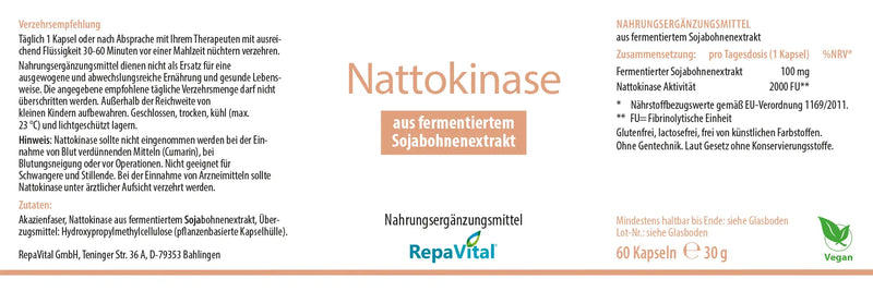 Etikett des Nahrungsergänzungsmittels RepaVital Nattokinase mit fermentiertem Sojabohnenextrakt, vegan, ohne künstliche Zusatzstoffe, 2000 FU pro Kapsel – hochwertige Formel zur täglichen Einnahme.