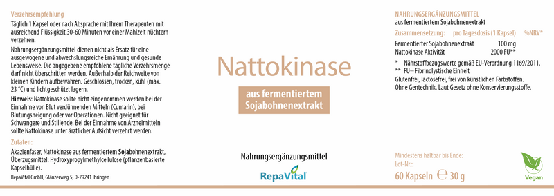 Etikett des Nahrungsergänzungsmittels RepaVital Nattokinase mit fermentiertem Sojabohnenextrakt, vegan, ohne künstliche Zusatzstoffe, 2000 FU pro Kapsel – hochwertige Formel zur täglichen Einnahme.