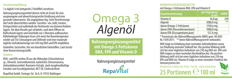 Omega 3 flüssig – DHA und EPA aus Algenöl - 100 ml
