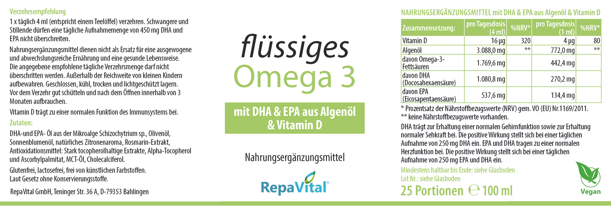 Etikett des Nahrungsergänzungsmittels flüssiges Omega 3 von RepaVital mit DHA, EPA aus Algenöl und Vitamin D, vegan und ohne künstliche Zusatzstoffe