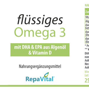 Etikett des Nahrungsergänzungsmittels flüssiges Omega 3 von RepaVital mit DHA, EPA aus Algenöl und Vitamin D, vegan und ohne künstliche Zusatzstoffe