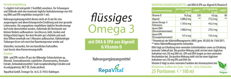 Etikett des Nahrungsergänzungsmittels flüssiges Omega 3 von RepaVital mit DHA, EPA aus Algenöl und Vitamin D, vegan und ohne künstliche Zusatzstoffe