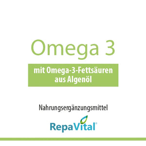 Etikett von RepaVital Omega 3 Nahrungsergänzungsmittel mit DHA und EPA aus Algenöl, Zusammensetzung und Nährwertangaben