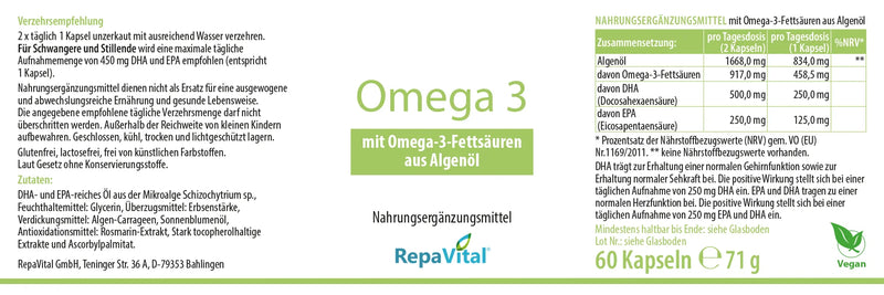 Etikett von RepaVital Omega 3 Nahrungsergänzungsmittel mit DHA und EPA aus Algenöl, Zusammensetzung und Nährwertangaben