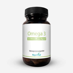 Omega 3 Algenöl-Kapseln von RepaVital in einer braunen Glasflasche – veganes Nahrungsergänzungsmittel mit DHA und EPA aus Mikroalgen