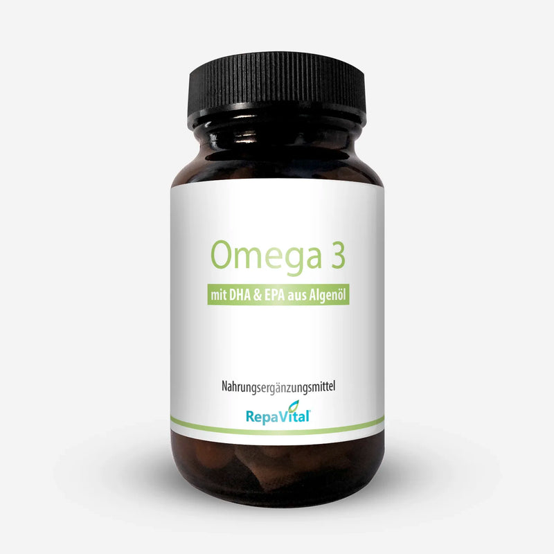 Omega 3 Algenöl-Kapseln von RepaVital in einer braunen Glasflasche – veganes Nahrungsergänzungsmittel mit DHA und EPA aus Mikroalgen