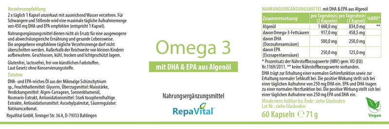 Etikett von RepaVital Omega 3 Nahrungsergänzungsmittel mit DHA und EPA aus Algenöl, Zusammensetzung und Nährwertangaben