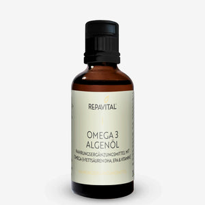Fläschchen RepaVital Flüssiges Omega 3 mit DHA, EPA aus Algenöl und Vitamin D als Nahrungsergänzungsmittel