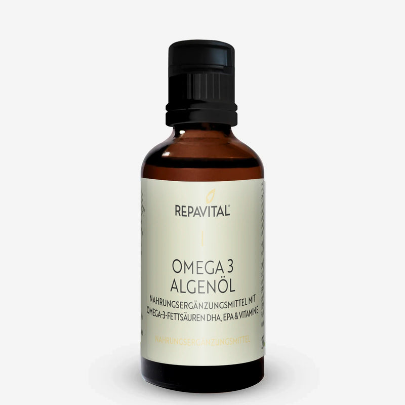Fläschchen RepaVital Flüssiges Omega 3 mit DHA, EPA aus Algenöl und Vitamin D als Nahrungsergänzungsmittel