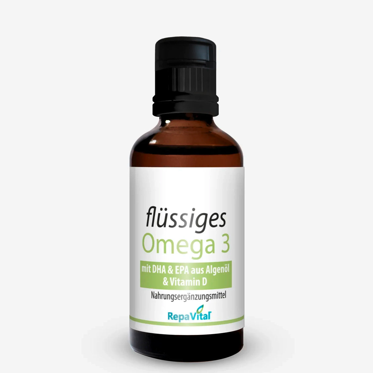 Fläschchen RepaVital Flüssiges Omega 3 mit DHA, EPA aus Algenöl und Vitamin D als Nahrungsergänzungsmittel