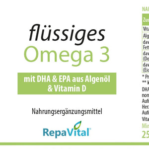 Etikett des Nahrungsergänzungsmittels flüssiges Omega 3 von RepaVital mit DHA, EPA aus Algenöl und Vitamin D, vegan und ohne künstliche Zusatzstoffe