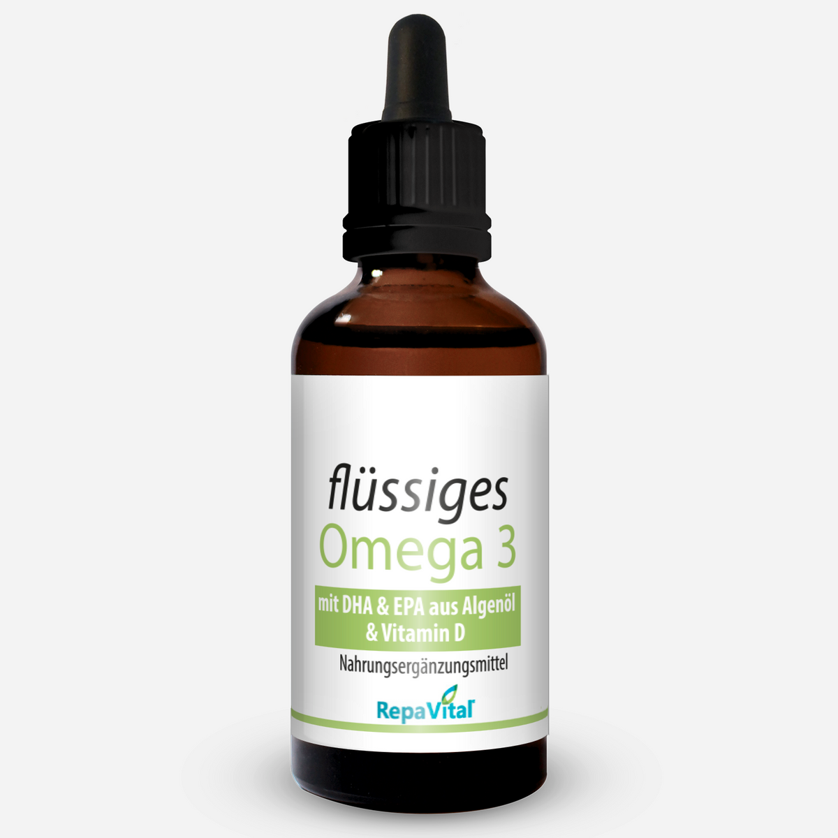 Fläschchen RepaVital Flüssiges Omega 3 mit DHA, EPA aus Algenöl und Vitamin D als Nahrungsergänzungsmittel