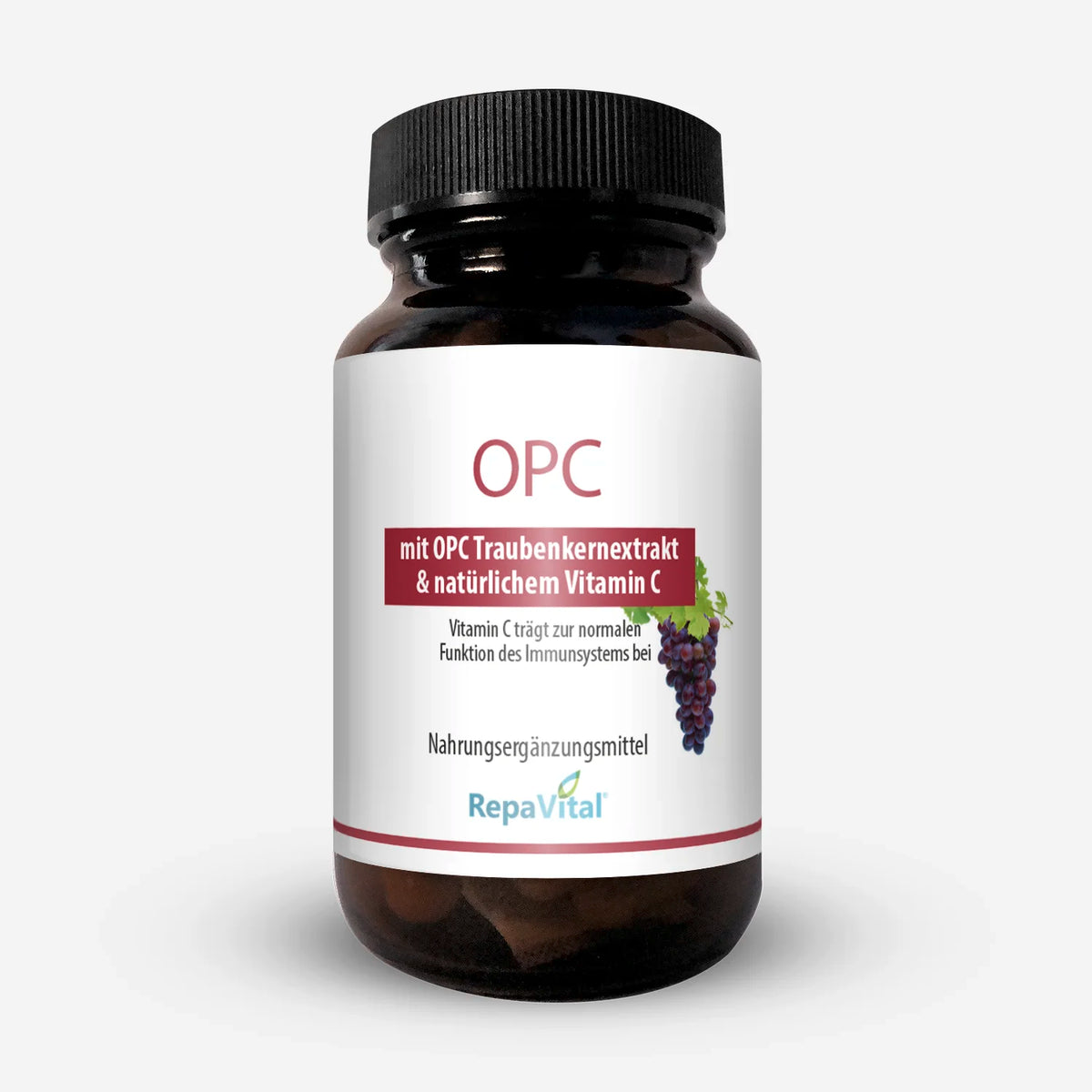 Produktabbildung OPC Kapseln von RepaVital mit Traubenkernextrakt und Vitamin C, Nahrungsergänzungsmittel im Glas