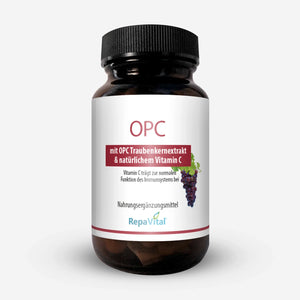 Produktabbildung OPC Kapseln von RepaVital mit Traubenkernextrakt und Vitamin C, Nahrungsergänzungsmittel im Glas