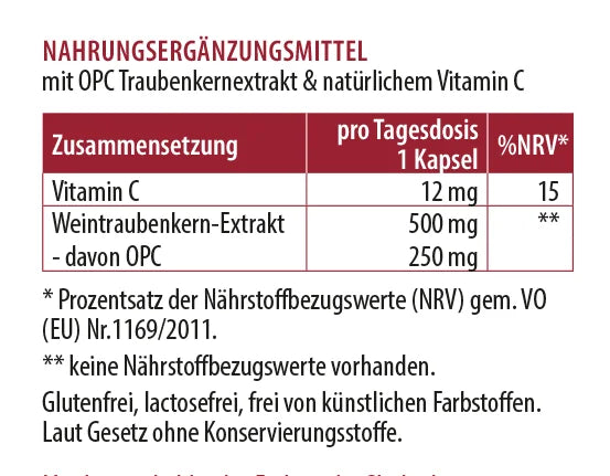 Zusammensetzung OPC: Nährwerttabelle mit Vitamin C und Weitraubenkernextrakt pro Tagesdosis gemäß EU-VO 1169/2011