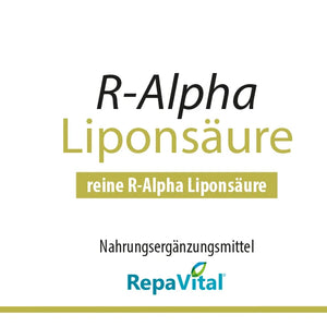 Etikett des Nahrungsergänzungsmittels R-Alpha Liponsäure von RepaVital mit Zutaten, Dosierung und Nährwertangaben.